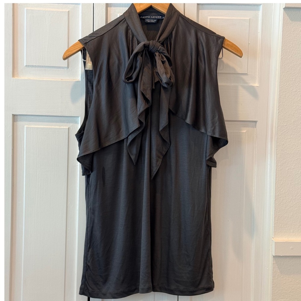 Ralph Lauren Blue Label Charcoal Grey Lyocell Bow Tie Ruffle Sleeveless Blouse L